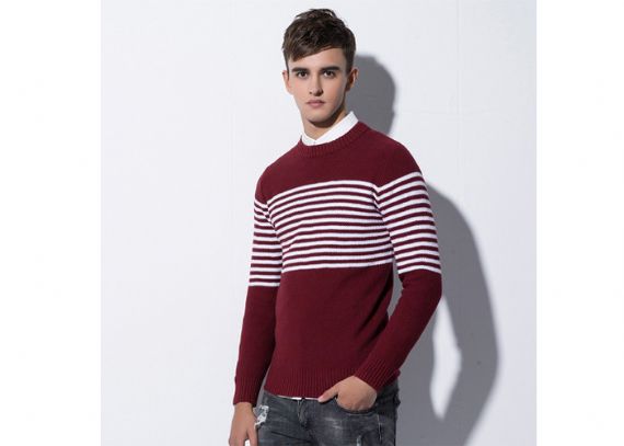 Mens Winter Slim Fit Round Neck Cotton Cable White and Red Striped Sweater - 11202911