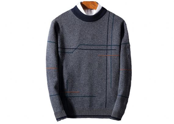 Crew Neck Mens Pullover Sweater Striped Pattern Intarsia Design For Winter - 11202964