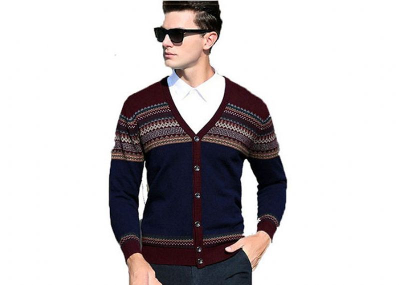 Men's V Neck Jacquard Wool Cardigan Sweater Button Knit Woolen Sweater For Mens - 11202990
