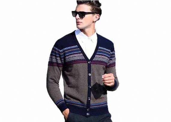 Men's V Neck Jacquard Wool Cardigan Sweater Button Knit Woolen Sweater For Mens - 11202990