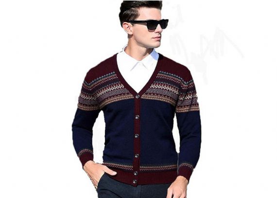 Men's V Neck Jacquard Wool Cardigan Sweater Button Knit Woolen Sweater For Mens - 11202990