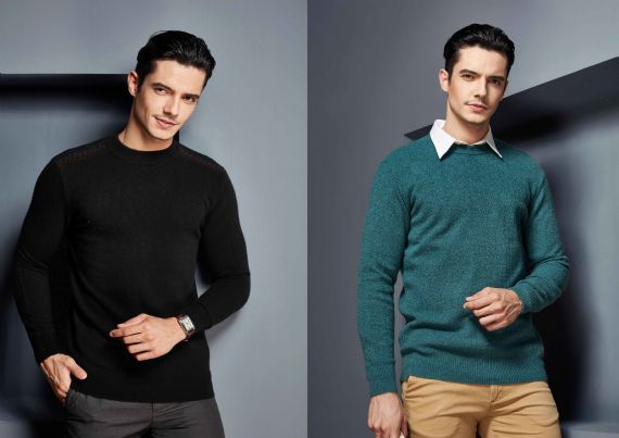 Mens Round Neck Long Sleeve Handcraft Sweaters Pure Cashmere Sweaters - 11272404
