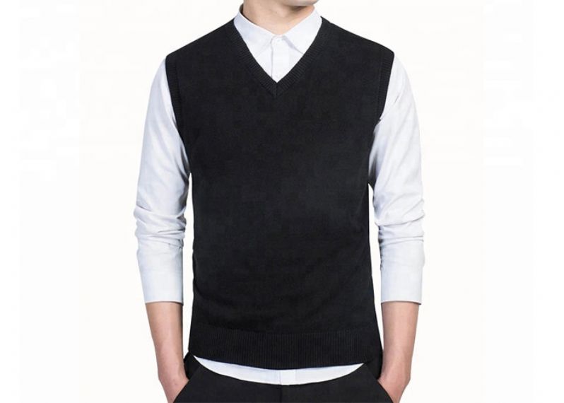 V Neck Office Knitted Jersey Pattern Cotton Mens Black Sleeveless Sweater Vest - 11613313