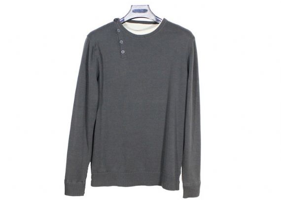 Long Sleeve Grey Color Mens Knit Sweater False Two Button Up On Shoulder - 11989710