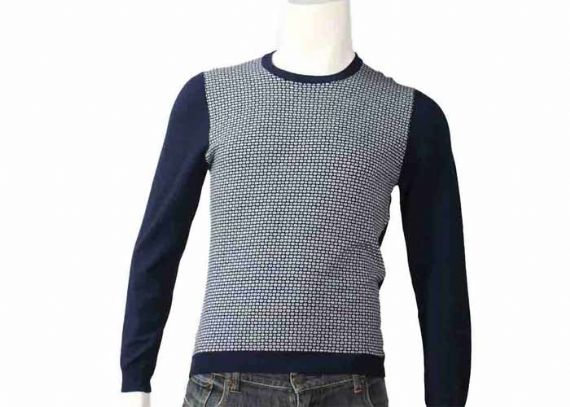 Men Jacquard Knit Winter Navy Round Neck Pullover Sweater Cotton And Polyester - 11997616