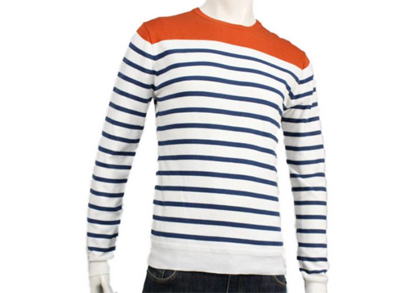 Plain Crew Neck Mens Knit Sweater For Spring And Autumn Blue And White Striped - 11997628