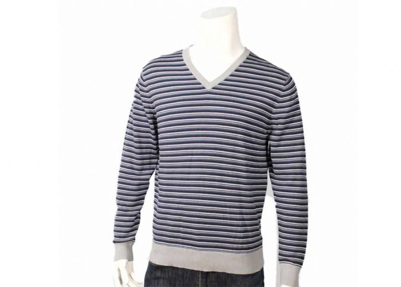 Mens Fine Knit Cotton Acrylic Jumper Or Sweater V Neck Rib Sleeve Stripe Pattern - 11999241
