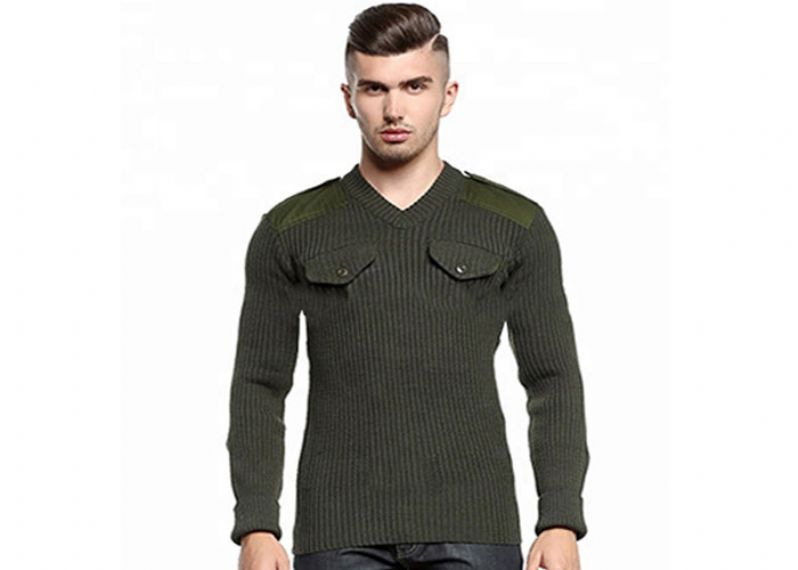 Thick Tight Cable Knitted V Neck Patch Design Military Pullover Sweater - 11272301