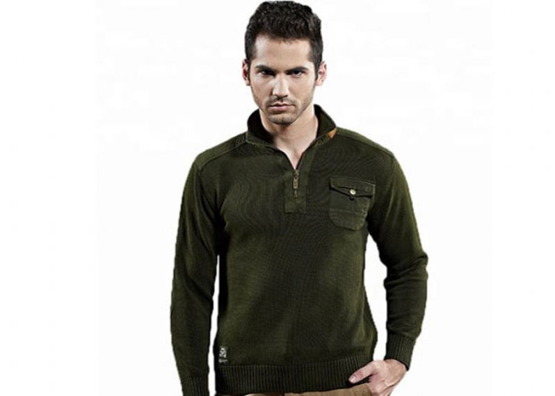 Cotton Zip Up Army Green Sweater , Military Style Sweater With Pockets - 11272317