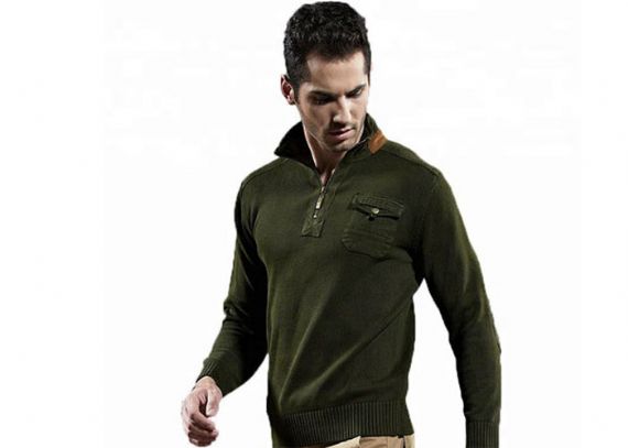 Cotton Zip Up Army Green Sweater , Military Style Sweater With Pockets - 11272317