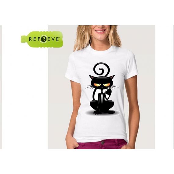 Camiseta de poliéster algodão com estampa de gato branca sustentável - 13131747