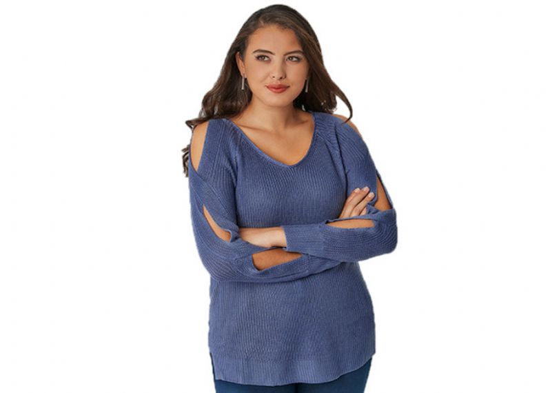 Blue Plus Size Off The Shoulder Sweaters for Women - 11109984