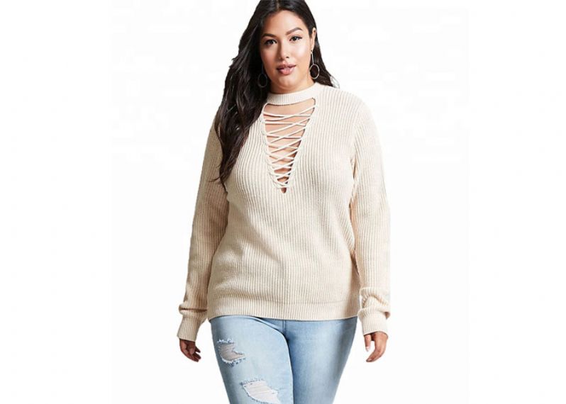 Pure Beige Color Cozy Knit Sweater V Neck Oversized Jumper Hollowed 12 GG - 11202468