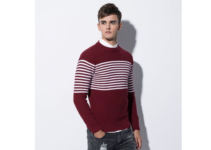 Suéter de rayas blancas y rojas de cable de algodón con cuello redondo entallado de invierno para hombre - 11202911