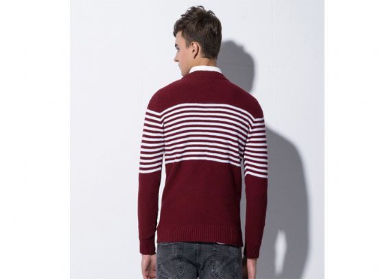 Suéter de rayas blancas y rojas de cable de algodón con cuello redondo entallado de invierno para hombre - 11202911