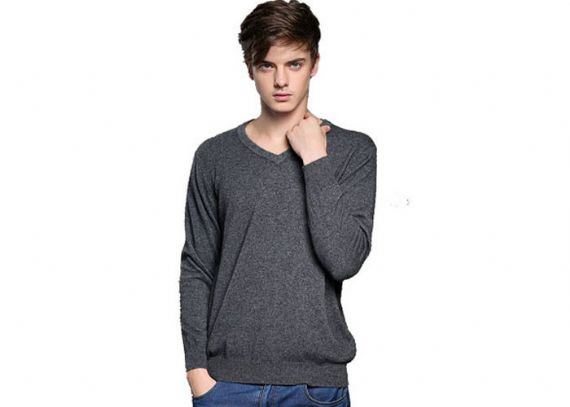 Suéter minimalista de la cachemira con cuello de pico, telar jacquar llano de los puentes para hombre de la cachemira - 11272399