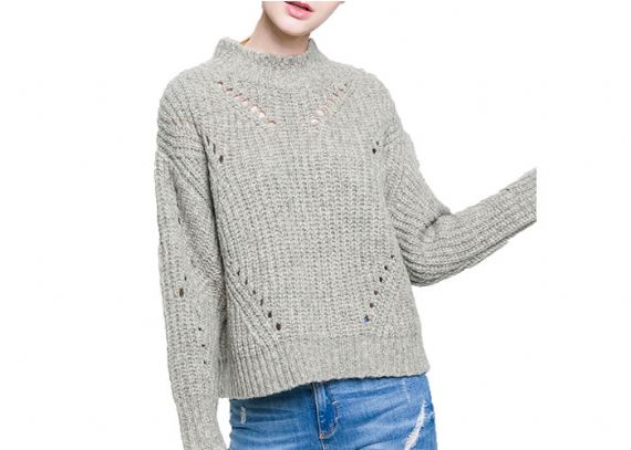 Suéter de punto suelto con cuello redondo y diseño hueco para mujer - 11202546