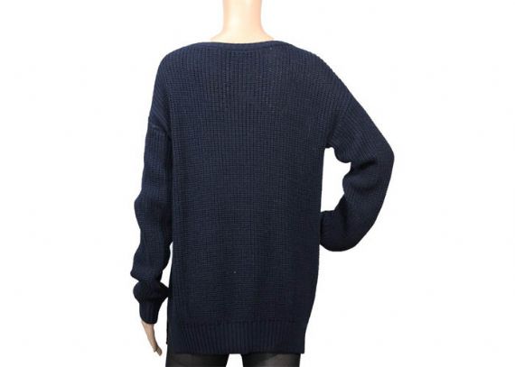 Suéter de punto de ochos de aguja completa azul marino de gran tamaño para mujer suave y transpirable para el invierno - 12093482