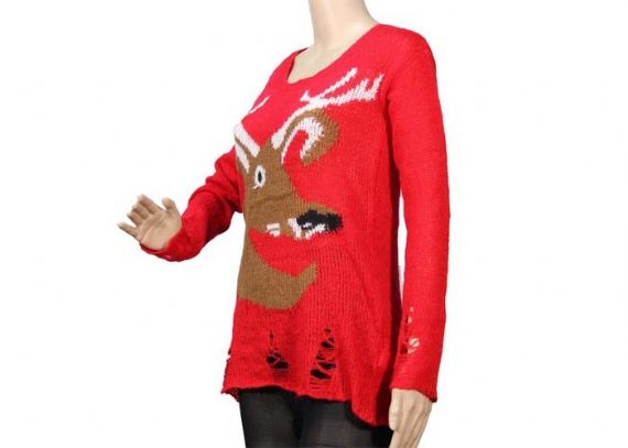 Jersey largo rojo de la Navidad del modelo de la cabeza del reno del suéter de punto para mujer para la primavera - 12103934