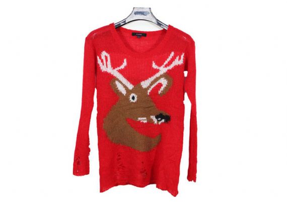 Jersey largo rojo de la Navidad del modelo de la cabeza del reno del suéter de punto para mujer para la primavera - 12103934