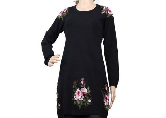 Suéter de punto para mujer de manga larga con cuello redondo clásico bordado en color negro - 12104262