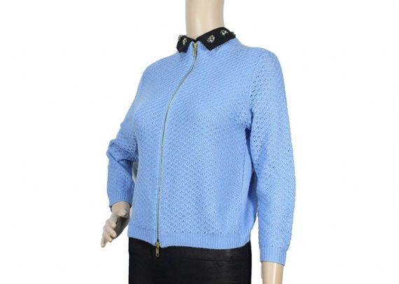 Cárdigan delantero abierto de argyle azul claro con cremallera y suéter de color liso para mujer - 12104312