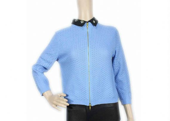 Cárdigan delantero abierto de argyle azul claro con cremallera y suéter de color liso para mujer - 12104312