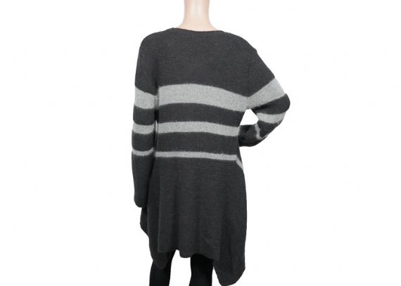 Suéter gris de algodón con patrón de rayas de calibre 12 para mujer, cuello redondo, largo para otoño - 12317225