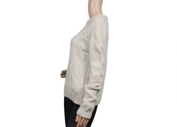 Suéter de mujer de cuello redondo de cable blanco puro algodón grueso calibre 9 tejido para invierno - 12320423