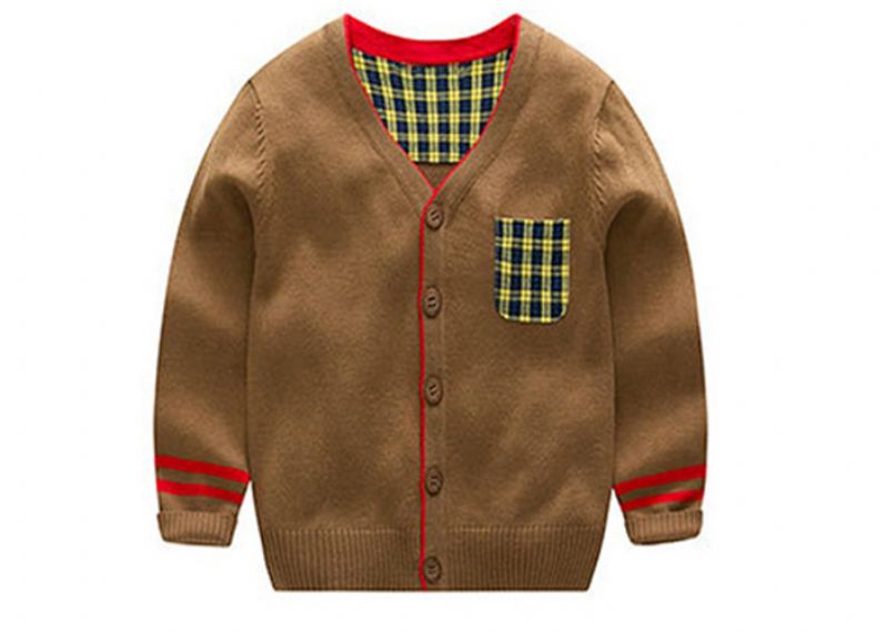Cotton Boy V Neck Kids Knit Sweater Patch Pocket Design Standard Thickness - 11272140