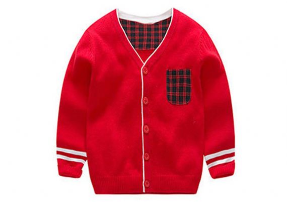 Cotton Boy V Neck Kids Knit Sweater Patch Pocket Design Standard Thickness - 11272140