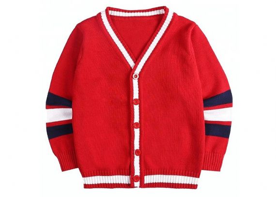 Children Knitted Girls Red School Cardigan Sweater Striped Sleeve Pattern - 11769887