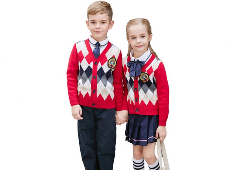 Embroidery Logo School Uniform Sweaters Red Navy Pure Cotton Argyle Pattern - 11809918
