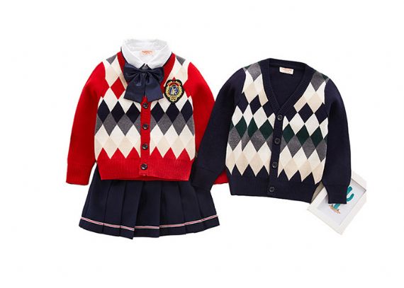 Embroidery Logo School Uniform Sweaters Red Navy Pure Cotton Argyle Pattern - 11809918