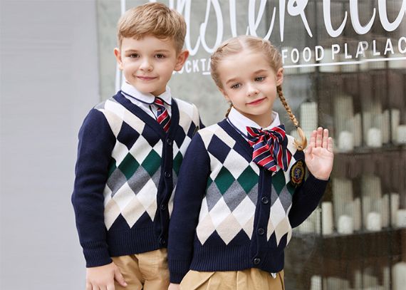 Embroidery Logo School Uniform Sweaters Red Navy Pure Cotton Argyle Pattern - 11809918