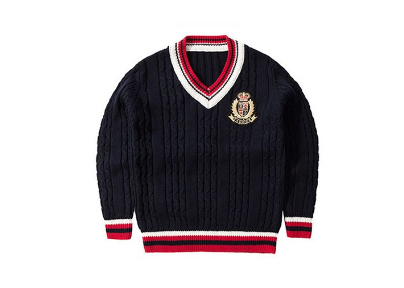 V Neck Thick Cable Knitted School Dress Sweater Cotton Kids Pullover Sweater - 11810718