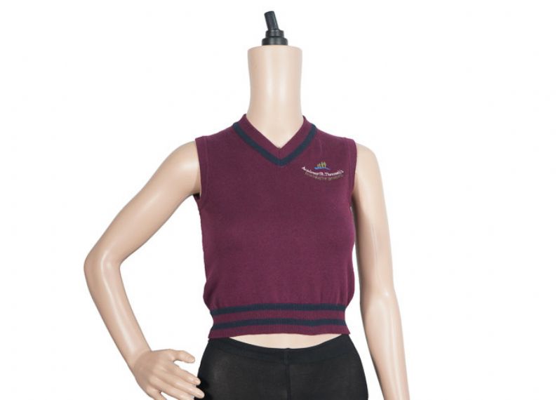 Purple Color Sleeveless Vest School Uniform Sweaters Striped Hem 12 Gauge - 12324183