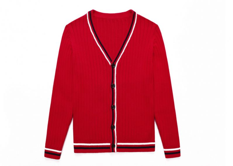 Red Striped Long Sleeve Kids Knit Sweater Button Cardigan With Embroidery - 12393988