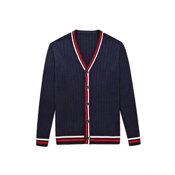 Red Striped Long Sleeve Kids Knit Sweater Button Cardigan With Embroidery - 12393988