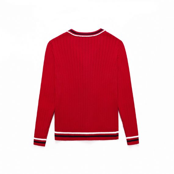 Red Striped Long Sleeve Kids Knit Sweater Button Cardigan With Embroidery - 12393988