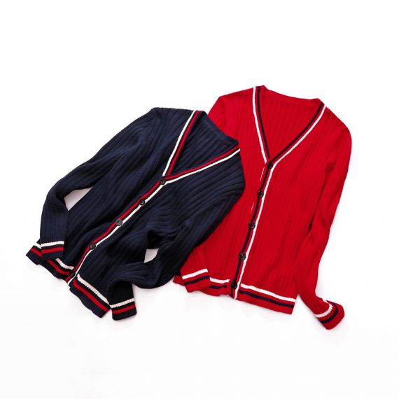 Red Striped Long Sleeve Kids Knit Sweater Button Cardigan With Embroidery - 12393988