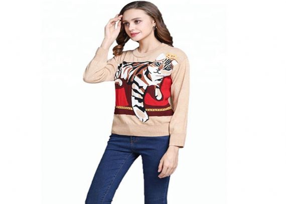 Nuevos patrones de tejido de tigre de lana de intarsia para mujer de suéter de lana de diseño para otoño - 11202506