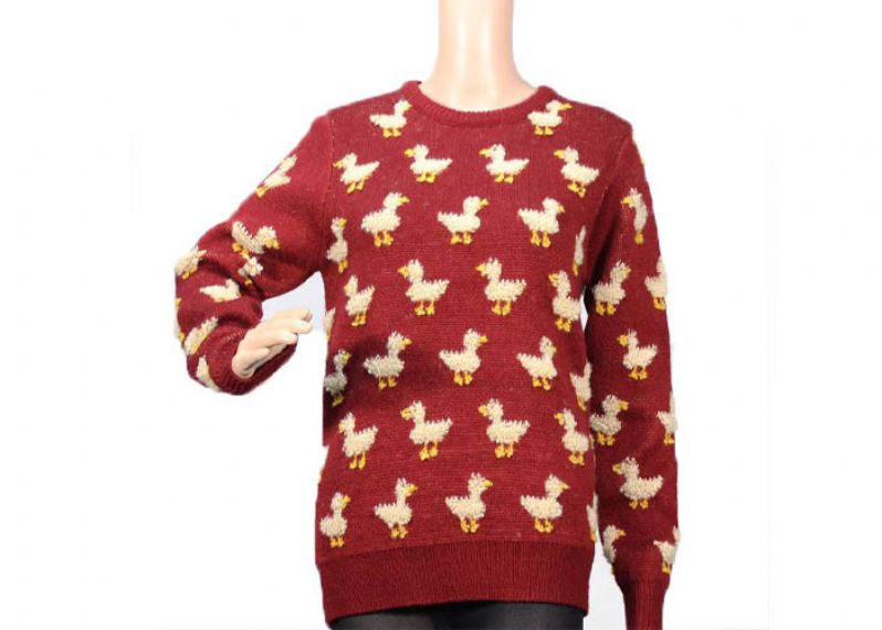 Suéter de jersey de mohair rojo con cuello redondo para mujer, patrón de punto de pato lindo de calibre 9 - 12090456