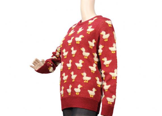 Suéter de jersey de mohair rojo con cuello redondo para mujer, patrón de punto de pato lindo de calibre 9 - 12090456