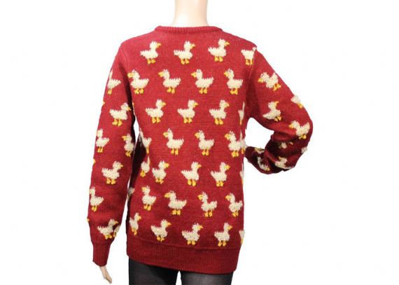 Suéter de jersey de mohair rojo con cuello redondo para mujer, patrón de punto de pato lindo de calibre 9 - 12090456