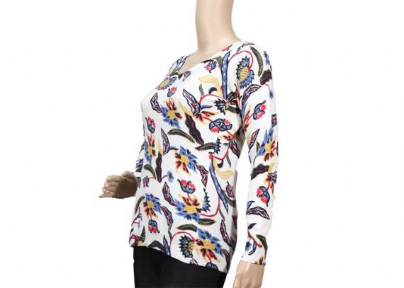 Suéter de cuello redondo para mujer de manga larga blanca fina 12GG estampado estampado de flores - 12092841