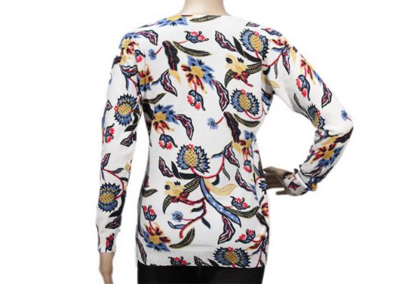 Suéter de cuello redondo para mujer de manga larga blanca fina 12GG estampado estampado de flores - 12092841