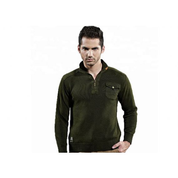 Suéter de algodão verde exército com zíper, suéter estilo militar com bolsos - 11272317