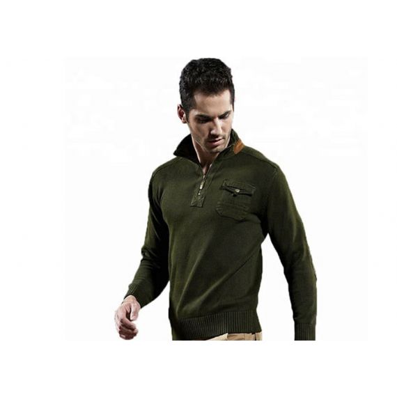 Suéter de algodão verde exército com zíper, suéter estilo militar com bolsos - 11272317