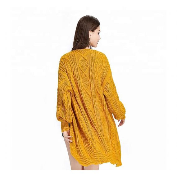 Suéter de malha aconchegante com cabo de inverno amarelo grosso aberto frontal para mulher - 11202473